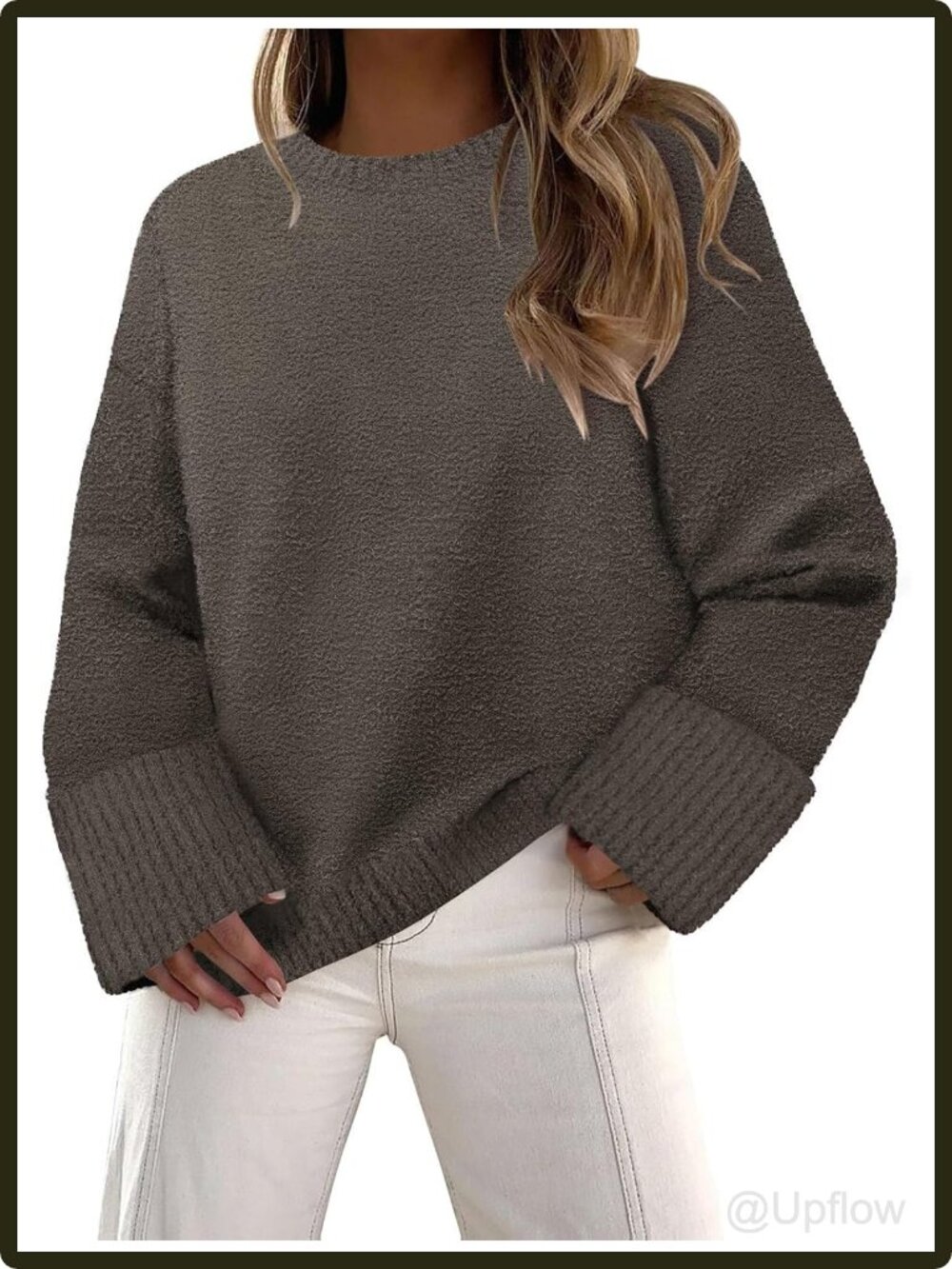 Women's Fuzzy Knit Crewneck Pullover Sweater Long Sleeve Oversized Fall Winter